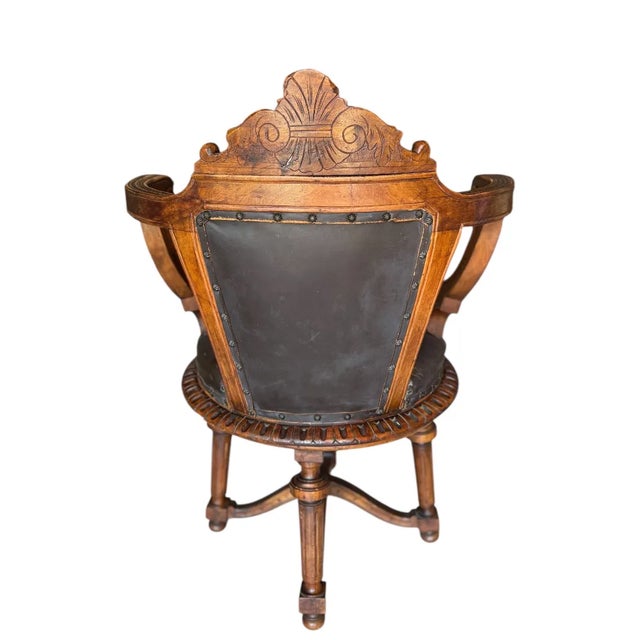 19th Century French Walnut Swivel Chair: Figural Crest & Organic Movement For Sale In Austin - Image 6 of 17