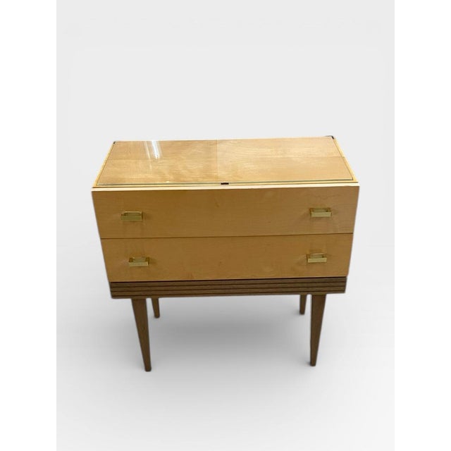 Mid-Century Bedside Table with Drawers in Maple Veneer with Brass Handles and Glass Top, Germany, 1950s-1960s For Sale - Image 9 of 9
