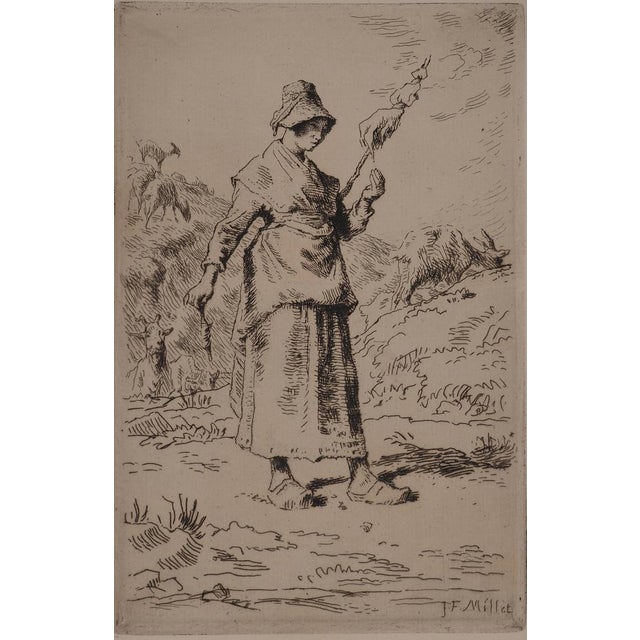 Jean-françois millet (1814-1875) the peasant woman (or the auvergne spinner), 1869 original etching signed in the plate on...