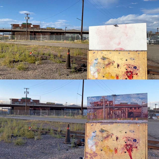 Early 21st Century Burnham Yards by Delton Demarest | Oil on Board Painting of an industrial yard with buildings. For Sale - Image 5 of 5