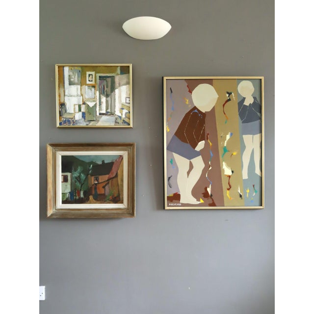 Mid-Century Modern 'Village Courtyard' Vintage Original Landscape Oil Painting, Framed For Sale - Image 14 of 14