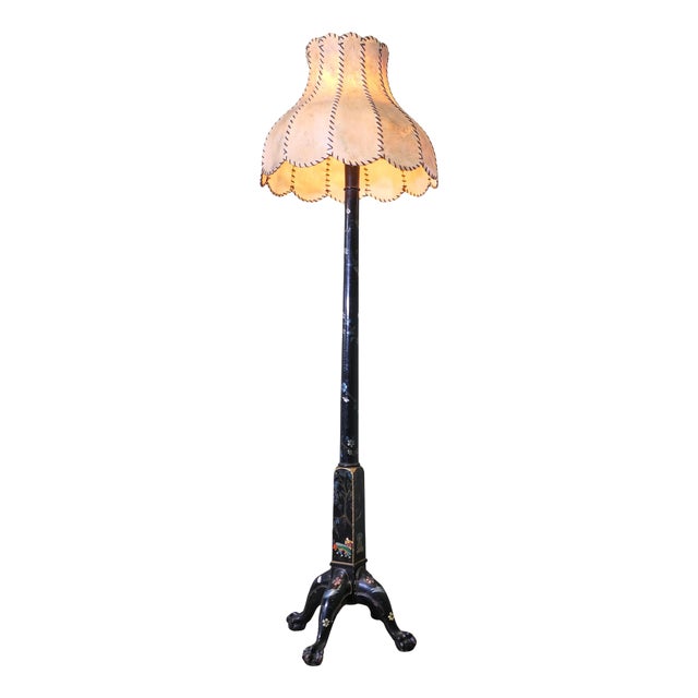 Vintage Black Chinoiserie Lacquer Decorated Standard Lamp, 1930 For Sale