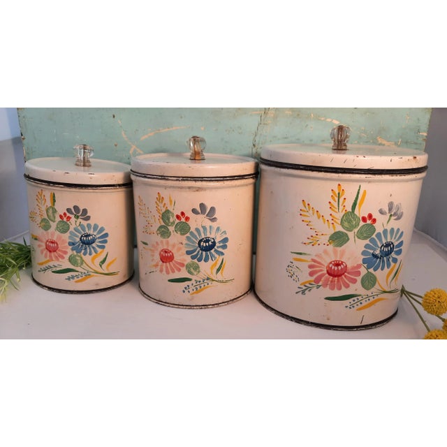 Shabby Floral Metal Kitchen Canisters For Sale - Image 4 of 13