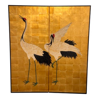 Late 20th Century Chinese Two-Panel Screen With Cranes For Sale