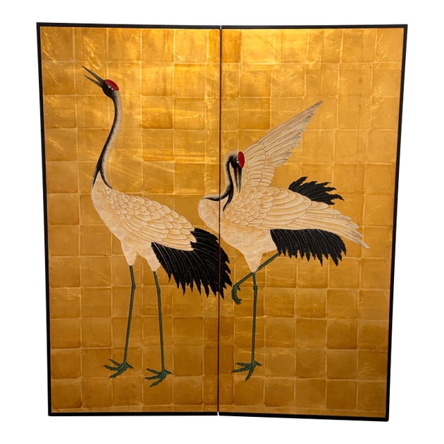 Late 20th Century Chinese Two-Panel Screen With Cranes For Sale