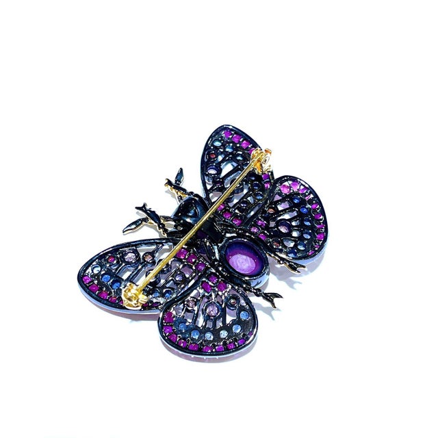 Bochic “Orient” Multi Sapphires & Ruby Butterfly Brooch Set in 18k Gold & Silver For Sale - Image 4 of 5