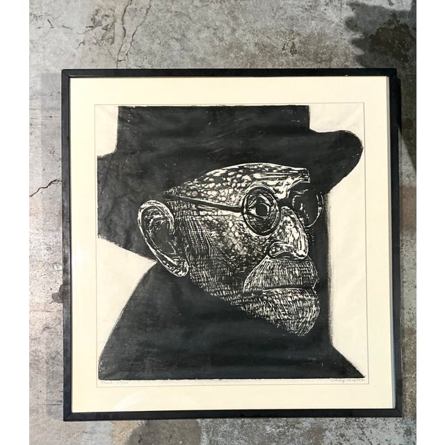 Wood Vintage Black and White Framed Woodcut of Sigmund Freud For Sale - Image 7 of 12