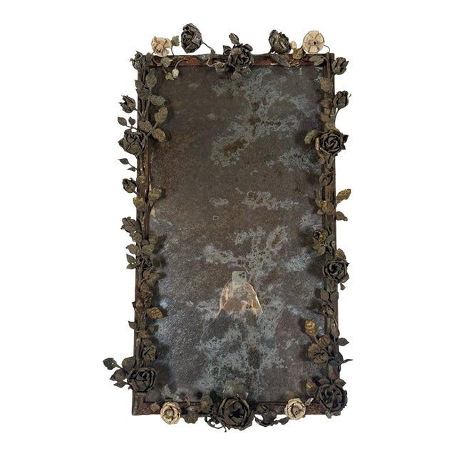 Antique Mid-Century Wrought Iron Mirror With Floral Motif For Sale