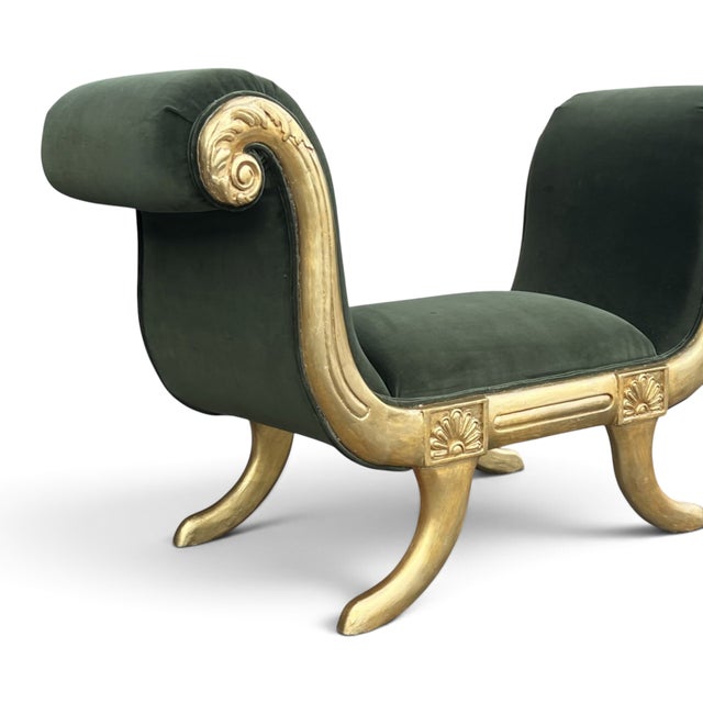Vintage Hollywood Regency Neoclassical Giltwood Scroll-Arm Bench in Green Velvet For Sale - Image 10 of 12
