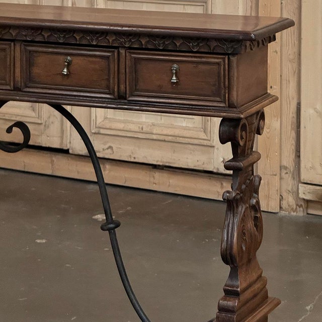 Mid Century Spanish Walnut Sofa Table ~ Console With Hand Forged Iron Stretcher For Sale - Image 11 of 18