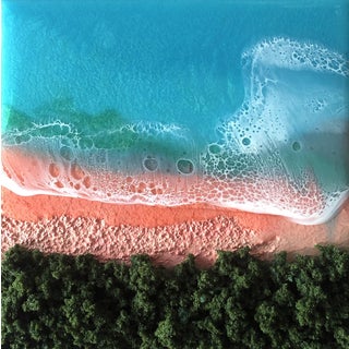 Here on the beach #5 by Ana Hefco | Mixed Media on Wood Beach scene with water and greenery. For Sale