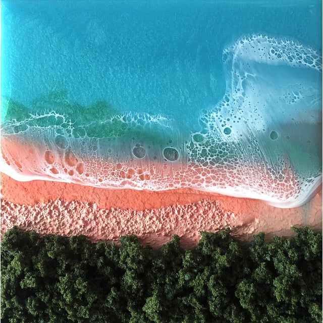 Here on the beach #5 by Ana Hefco | Mixed Media on Wood Beach scene with water and greenery. For Sale