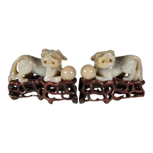 Late Republic Chinese Carved Agate ShiShi Lions Foo Dogs on Stands