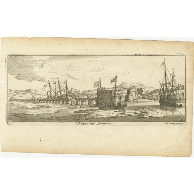 Title: View of Fanar in the Aegean Archipelago with Bridge and Ships, ca. 1680 : This copperplate engraving showcases a...