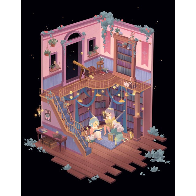 This artwork depicts a whimsical library scene, where two figures are engaged in a cozy reading session amidst shelves...