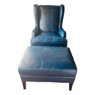Ambella Leather Wingback Lounge Chair W/ Matching Ottoman For Sale