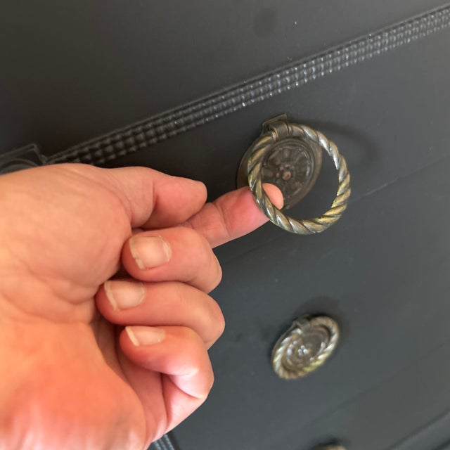1940s 1940s Restored Black Painted Chest of Drawers With Mirror and Brass Rope Ring Pulls For Sale - Image 5 of 12
