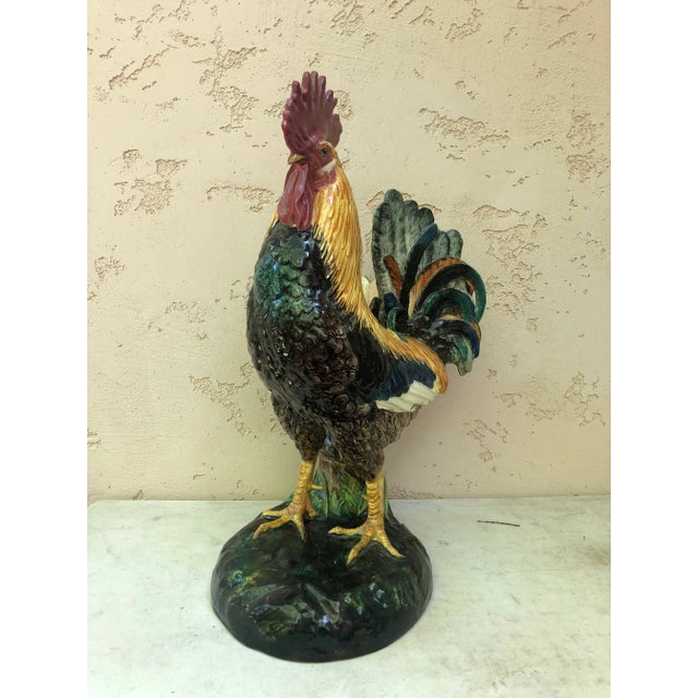 Large Majolica colorful rooster signed Delphin Massier circa 1890. On the back of the rooster, a rare brown bamboo vase,...