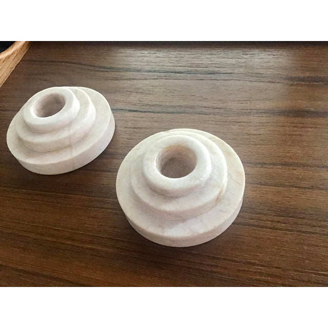 Stone 1930s Art Deco Pale Pink Marble Pair of Candleholders For Sale - Image 7 of 10