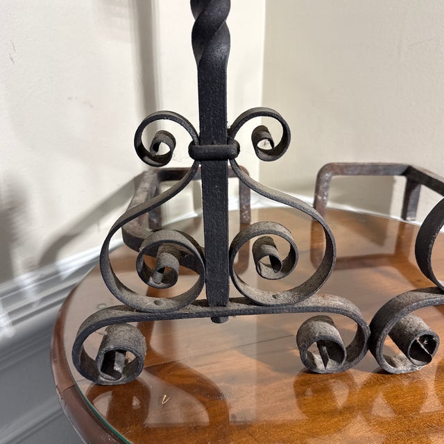 1970s Antique Spanish Wrought Iron Scrolled Spiral Fireplace Andirons Firedogs For Sale - Image 5 of 9