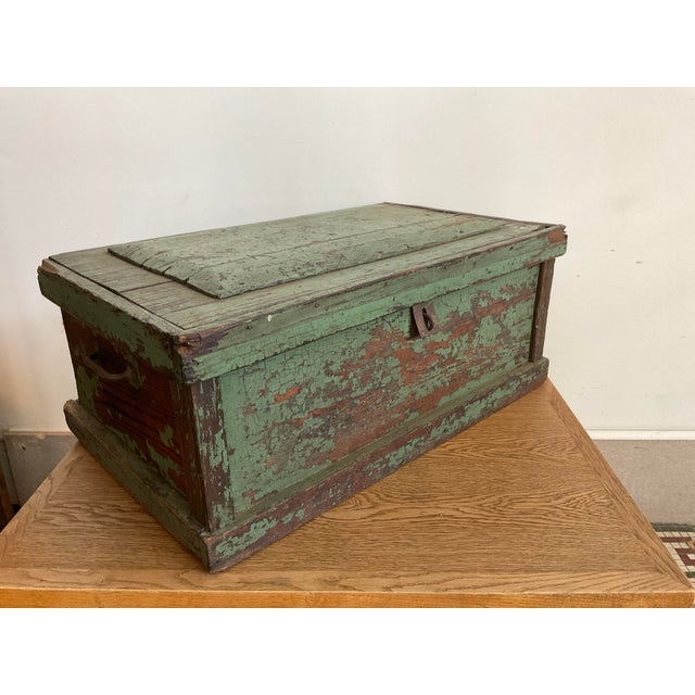 Early 20th Century Rustic Green Painted Wooden Storage Chest or Trunk For Sale - Image 4 of 14
