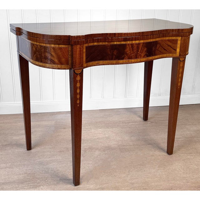 Rococo Antique Hepplewhite Inlaid Mahogany Expanding Half Moon Console Card Table For Sale - Image 3 of 15