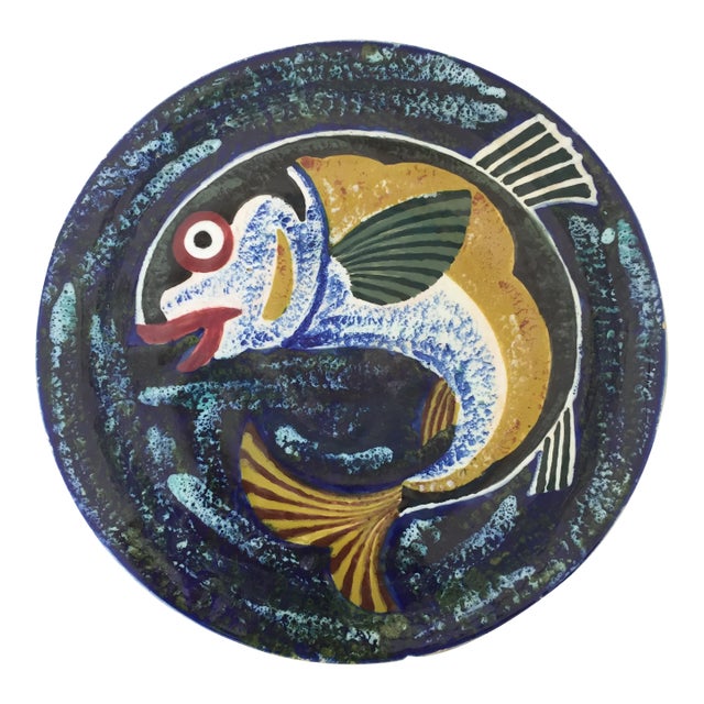 Vintage Large Spanish Art Pottery Colorful Fish Wall Hanging Plate For Sale