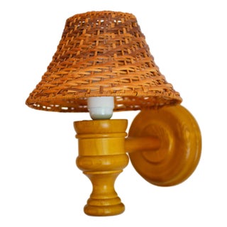 Swedish Wooden Sconce and Rattan Shade, a Vintage Wall Lamp by Ikea Sweden For Sale