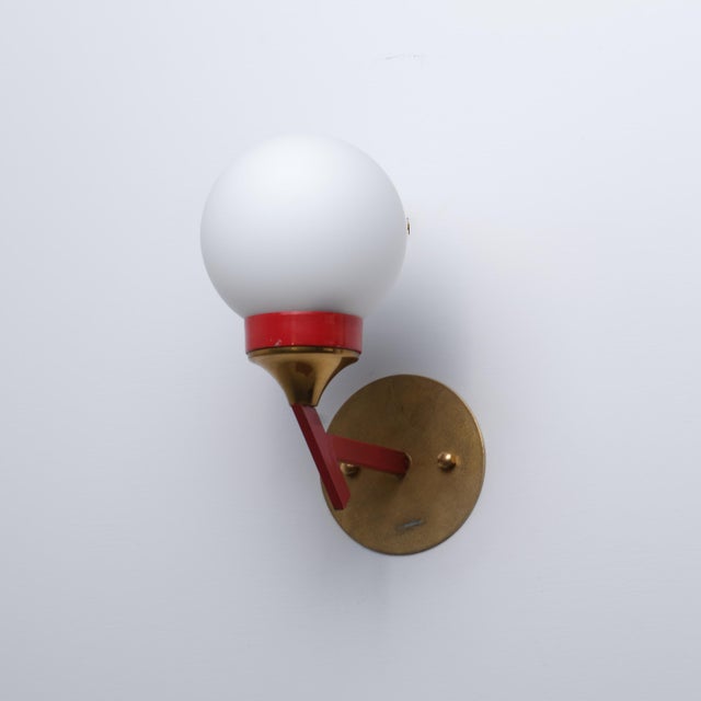 Italian Brass, Red Lacquered Metal, and Opaline Glass Globe Wall Sconce, 1950s For Sale - Image 6 of 8