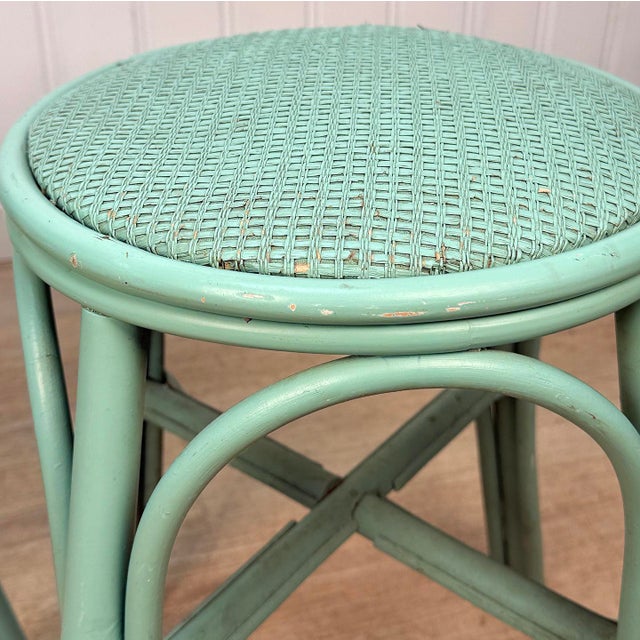 Vintage Coastal Rattan Turquoise Round Wicker Stools - A Pair For Sale - Image 10 of 13