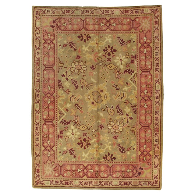 Antique Oushak Carpet, Handmade Oriental Rug, Pale Green, Coral, Taupe and Cream For Sale - Image 12 of 12