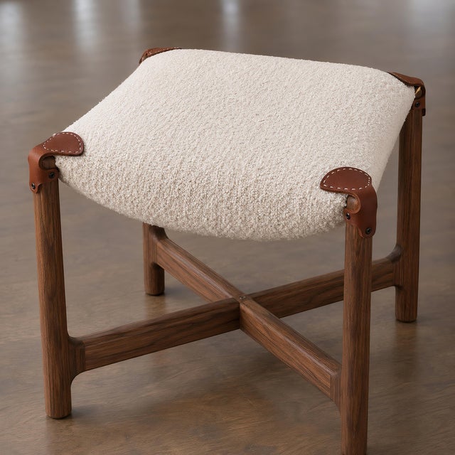 Abstract Handmade Black Walnut Footstool — Foot Rest Ottoman With Bouclé Cushion & Leather Straps For Sale - Image 3 of 5
