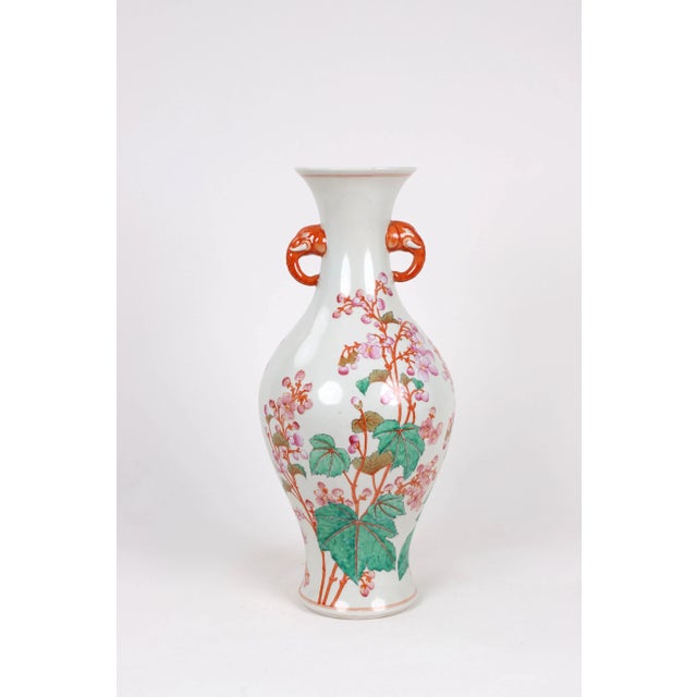White Vintage Famille Rose Amphora Vase With Peach Blossom Design, Elephant Handles For Sale - Image 8 of 10