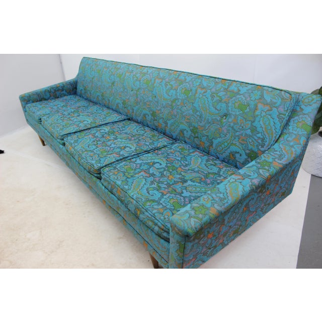 Mid Century Modern Floral Turquoise Large Sofa For Sale - Image 9 of 10