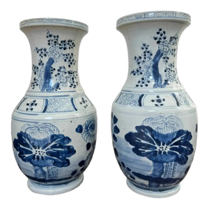 Pair of Blue & White Chinoiserie Cherry Blossom Vases With Peony &Greek Key Motifs
