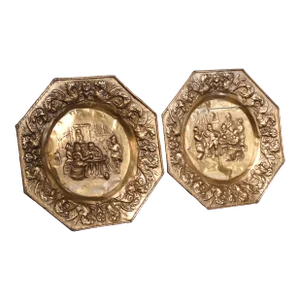 Pair of 19th Century French Octagonal Repousse Copper Decorative Wall Chargers