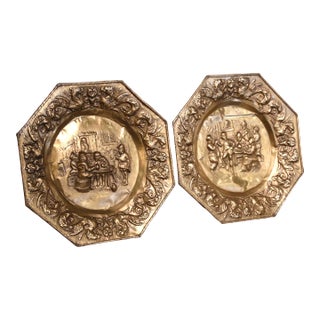 Pair of 19th Century French Repoussé Copper Tavern Scene Wall Chargers For Sale