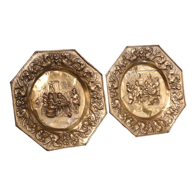 Pair of 19th Century French Repoussé Copper Tavern Scene Wall Chargers For Sale