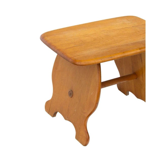 USA, 1950s Whimsical solid maple bench or stool. Great form from the legs to the stretcher and the top. Warm solid maple....