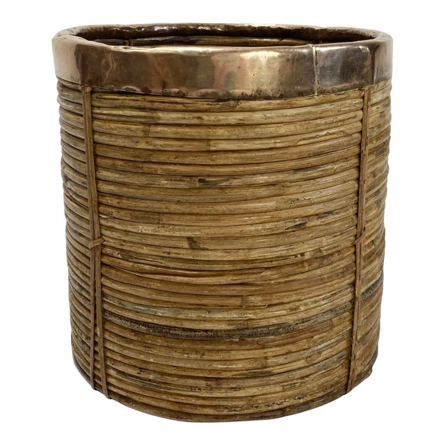 Vintage Gabriella Crespi Style Brass Trim Coiled Rattan Basket For Sale