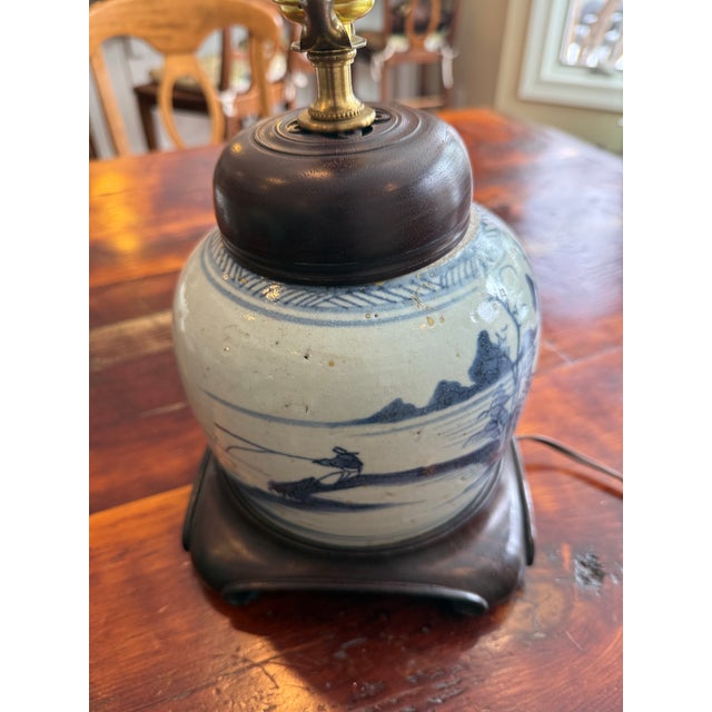 Antique Blue and White Porcelain Chinese Ginger Jar Lamp For Sale - Image 9 of 10