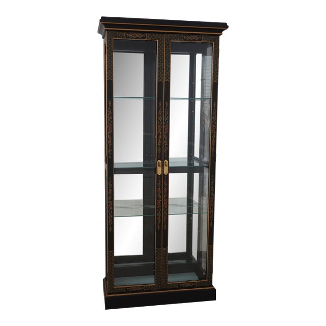 Vintage Ebony Painted Wood & Glass Chinoiserie Display Cabinet For Sale