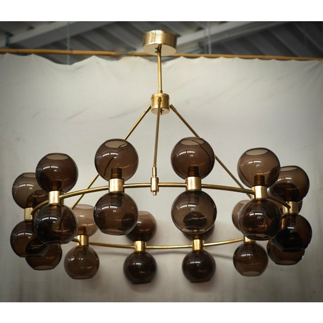 Brown Art Deco Round Art Glass and Brass Chandelier, 2000 For Sale - Image 8 of 10