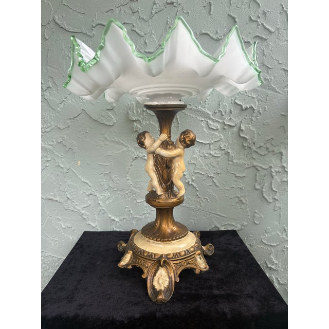 White Vintage Bohemian Style Opal Glass Tazza With Green Trim on Cherub Pedestal Base For Sale - Image 8 of 12