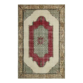 Vintage Turkish Rug in Beige With Red & Green Geometric Medallion | Rug & Kilim For Sale