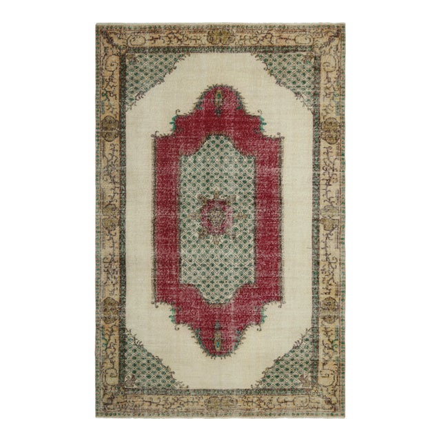 Vintage Turkish Rug in Beige With Red & Green Geometric Medallion | Rug & Kilim For Sale