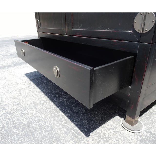 Vintage Asian Baker Furniture Black Lacquer Entertainment Storage Cabinet Armoir For Sale - Image 10 of 13
