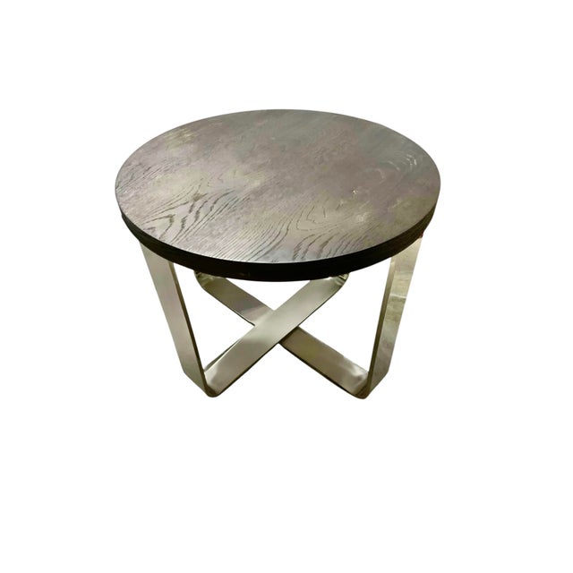 Mid-Century Modern Coffee Table Heavy Round Wood Top on Cross Chrome Mid-Century Modern Style For Sale - Image 3 of 6