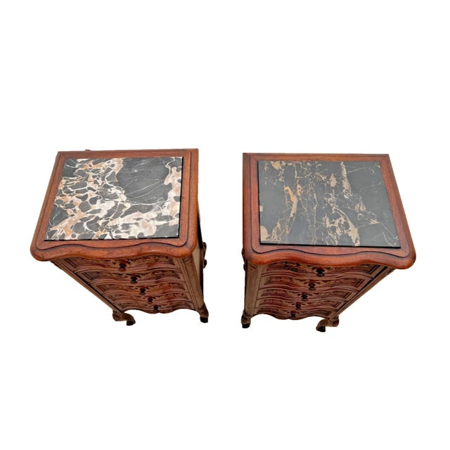 Stunning Antique Pair of French Nightstands, Bedside Tables, Five Hand Carved Drawers, 37" Tall x 15" wide x 12" deep....