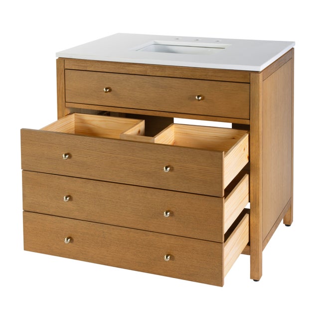 Spritely Home Accent Furniture Nora 36 in. W Quartz and Wood Single Sink 3 Drawer Bathroom Vanity Set, Light Natural For Sale - Image 4 of 9